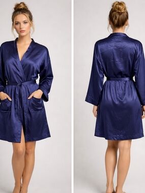Satin Kimono Lg pockets attached belt Navy blue Collared Vee Open Knee Length